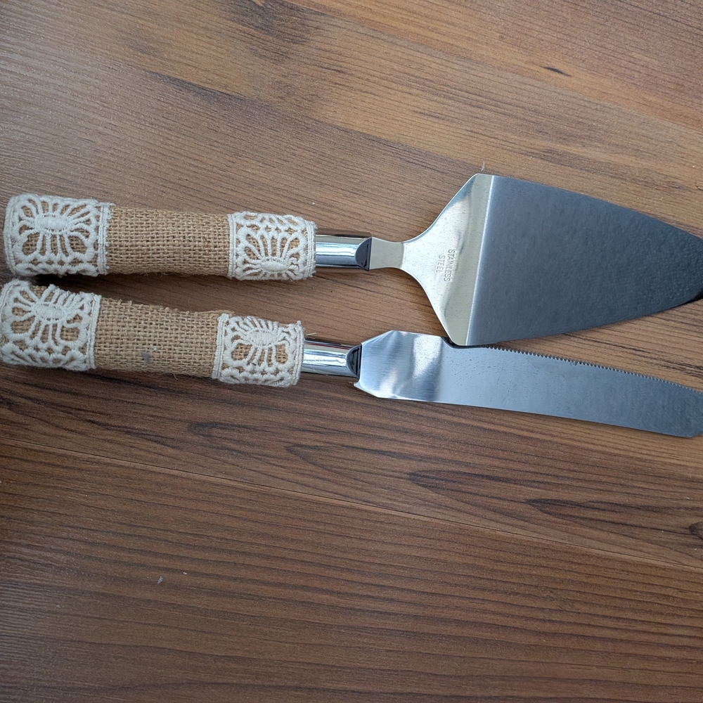 Rustic Wedding Silver Cake Knife and Server Set - Picture 3 of 3